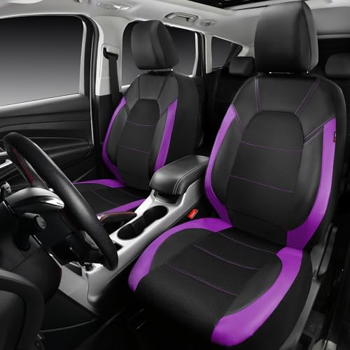 Image of CAR PASS Leather Car Seat Covers Front Seats only, with Air Mesh Front Seat Covers Breathable, Cool Automotive Seat Covers 2 Pack, Universal Fit Most Cars,SUV,Truck,Van Airbag Compatible(Black Purple)