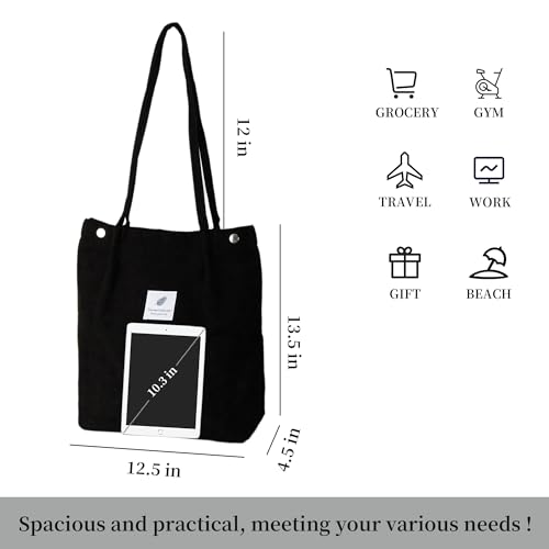 Image of Corduroy Tote Bag Cute Tote Bags for Women Shoulder Bag with Inner Pocket for Work Beach Travel and Shopping Grocery