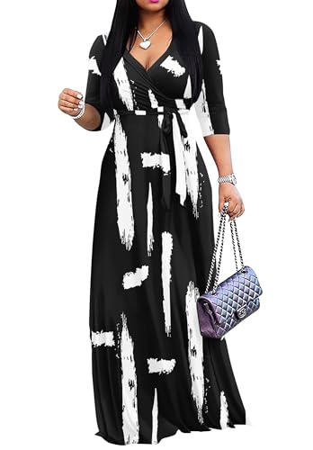 FANDEE Women Print Maxi Dress V Neck 3/4 Sleeve for Women Casual Tie Waist Belted Dresses