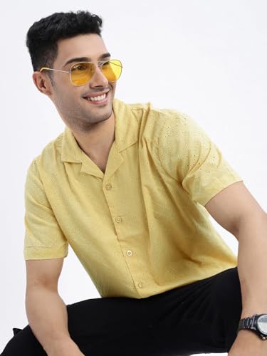 Image of SHOWOFFFF Men Solid Casual Shirt | Cuban Collar Half Sleeves Cotton Shirt for Mens | Relaxed Fit Regular Length Shirt for Men's