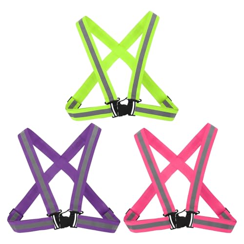 PATIKIL Adjustable Reflective Running Vest Gear, 3 Pack High Visible Reflective Straps Fit All Ages for Night Running Jogging Biking Motorcycle Dog Walking, Green/Pink/Purple