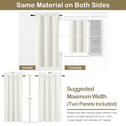 Image of Ivory Curtains for Bedroom 72 Inches Long 2 Panels Set, Solid Thermal Insulated Light Filtering Window Curtains for Living Room, Dual Rod Pocket Soft Window Drapes, 2x40Wx72L Inches
