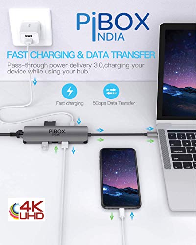 Image of PiBOX India, USB C Hub Dock- 9 in 1 Aluminum Type C Adapter with 4K HDMI, Ethernet 1000mbps RJ45, 3 USB 3.0, USB-C Power Delivery, 3.5mm Audio only, TF /SD Card Reader, MacBook / /Samsung USB C Devices