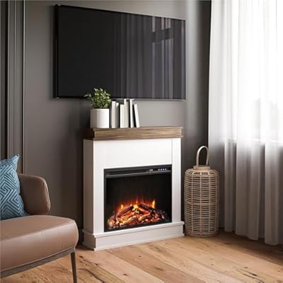 Ameriwood Home Mateo 30 Inch Electric Fireplace with Mantel, Replaceable Fireplace Insert Heater, Freestanding, Remote Control, Timer, Realistic Log and Flame Effect, Ivory Oak