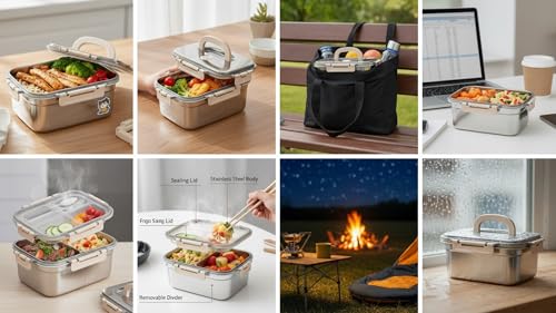 Image of Stainless Steel Lunch Box 2800ml with Handle, Airtight Leakproof Food Storage Container for Office, Travel, Meal Prep, Curry, Rice, Snacks & Kitchen Use
