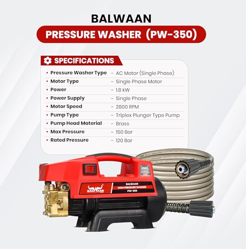 Image of Balwaan Krishi Pressure Washer Brass Coated Pump 1800w Motor 120-150 Bar Pressure 7.5 LPM Water Flow, 26 Feet Hose Pipe, Straight and Bend Lance Ideal for Car Wash and Cleaning Purpose (Red) | PW-350