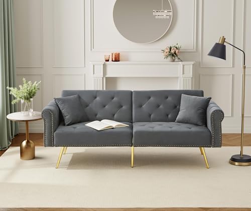 ALAMHI Modernes 2 Sitzer Sofa,Schlafsofa aus Samtbezug,Couch, Klappsofa mit Verstellbare Rückenlehne, Deluxe Sofa mit Schlaffunktion– Polstersofa für Wohnzimmer, Wohnung, Buro (Antique Gray)