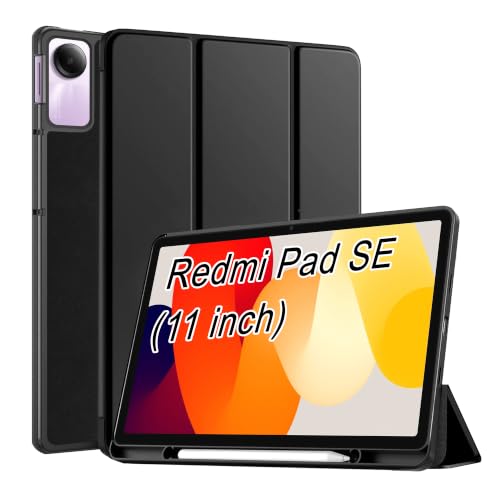 Image of CEDO Smart Case for Redmi Pad SE (11 in) Tri-Fold Flip Folio Cover | Pencil Holder | Auto Wake-Up /Sleep Mode | Multi View Angles Stand TPU Backcover (Black)