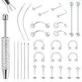 Leikedun 16G 18G Piercing Aiguilles Piercing Taper Ball Grabber, avec 24 Bijoux Transparents Bioflex(14G/16G), 316L Acier Inoxydable Kit Perçage Corporel pour Oreille Nez Lèvre Ventre