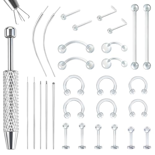 Leikedun 16G 18G Piercing Aiguilles Piercing Taper Ball Grabber, avec 24 Bijoux Transparents Bioflex(14G/16G), 316L Acier Inoxydable Kit Perçage Corporel pour...