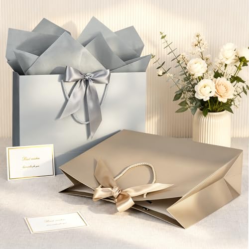 Image of JMANNI Gift Bags with Handles, 11 inch Small Gift Bag for Presents, 2 Pcs Bags with 4 Tissue Paper and 2 Cards for Graduation Baby Shower Wedding Fathers Day Mother's Day Birthday Party (Golden-Silver)