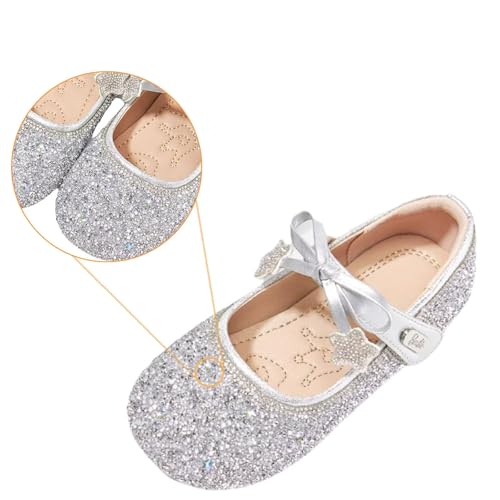 Girls Glitter Mary Jane Flats, Silver Sparkle Ballet Shoes with Star Bow, Slip-On2