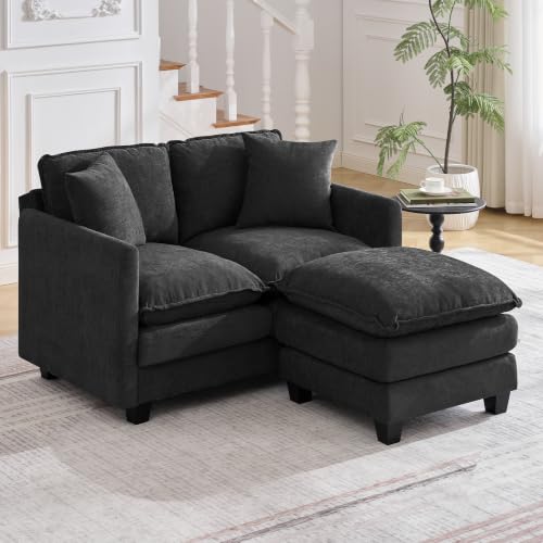 Image of 51'' Cloud Loveseat Couch with Ottoman, Love Seats Cloud Sofa with 2 Throw Pillows, Modern 2 Seater Sectional Couches with Deep Seat, Modular Sofas for Living Room, Bedroom, Small Apartment, Black