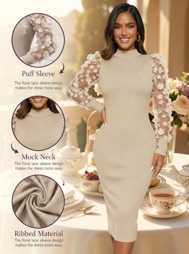 Image of Annystore Women's Elegant Mock Neck Sheer Long Sleeve Mesh Bodycon Dress Ribbed Club Party Pencil Midi Dresses Clubwear