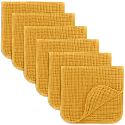 Image of Comfy Cubs Muslin Burp Cloths 20" x 10", Pack of 6 - Large, 6-Layer, Ultra Absorbent 100% Cotton for Baby Drool and Messes - Soft, Safe & Gentle Baby Burp Cloths Set for Boys & Girls - Turmeric