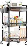 YASONIC 3 Tier Rolling Cart – Metal Utility Storage Carts with Wheels, Craft Cart Organizer with Hanging Cups, Hooks, Mesh Basket for Bedside Kitchen Office Art, Black