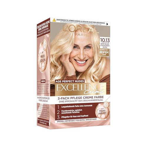 LOréal Paris Excellence Creme Age Perfect Nudes 10.13 Sehr Helles Strahlendes Blond dauerhafte Haarfarbe permanente Coloration 100% Grauabdeckung für reifes dünnes Haar 1 Stück