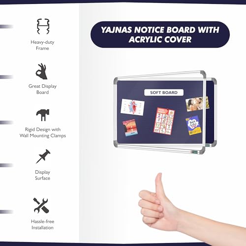 Image of YAJNAS 3X5 Feet Premium Material Blue Designed Notice Board with Acrylic Door /Soft Board /Bulletin Board /Pin-up Display Board for Study Room, Office, School & Home Use