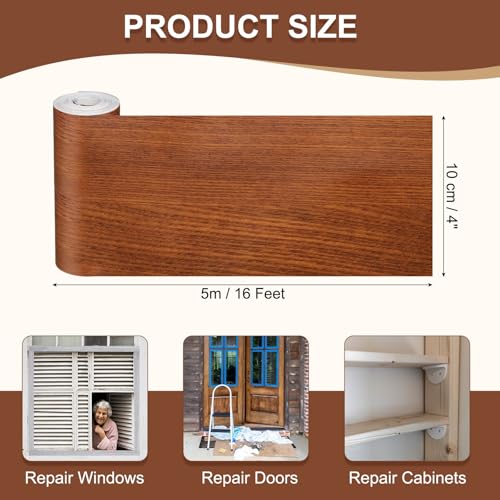 Image of MECCANIXITY Wood Grain Repair Tape, 4 Inch x 16 Feet Self Adhesive Wood Grain Tape Multi-Purpose Wallpaper Border Trim for Furniture Floors Windows Doors Tables Home, Red Oak