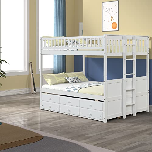 Emkk Full Over Full Bunk Bed With Trundle And 3 Drawers,Full Over Full Bunk Beds With Ladder, Solid Wood Twin Trundle Bed With Rails, Safety High Guardrails For Kids,Teens,White #TOP4