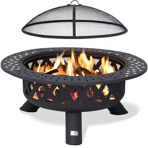 Image of SUNCREAT 42 inch Large Outside Fire Pit, Round Fire Pit Wood Burning with Widened Tabletop, Spark Screen, Fire Poker, Phombus Pattern