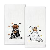 Halloween Hand Towels Set of 2 Embroidered Ghost Pumpkin Dish Towels 13.7 x 29.5 Inch Halloween Home Decor Holiday Decorative Towels for Kitchen Bathroom