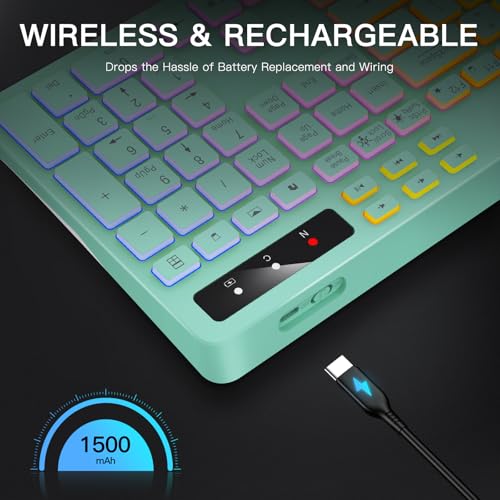 Image of Wireless Keyboard with 7-Color RGB Backlit, Soueto Full-Size Computer Keyboard with Phone Tablet Holder, 2.4G Rechargeable Gaming Keyboard with Light Up Keys, Compatible with Mac, Windows (Mint Green)