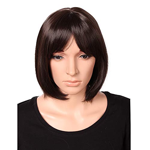12" Medium Bob Full Wig With Bangs Heat Resistant Synthetic Hair Natural Straight Short Dark Brown Wig For Women Anime Cosplay Party Costume