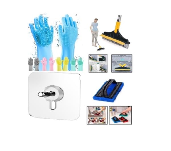 Aquriflo Magic Cleaning Kit, Clean with Protection, 2 in 1 Mop(1Pc), Hand Gloves(1 Pair), Cleaning Brush (1 Pc) along with wall hanging Hooks (10 Pcs)