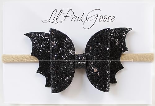 Halloween Black Glitter Bat Bow Headbands for Baby Girls and Toddlers (Khaki Nylon Band)2