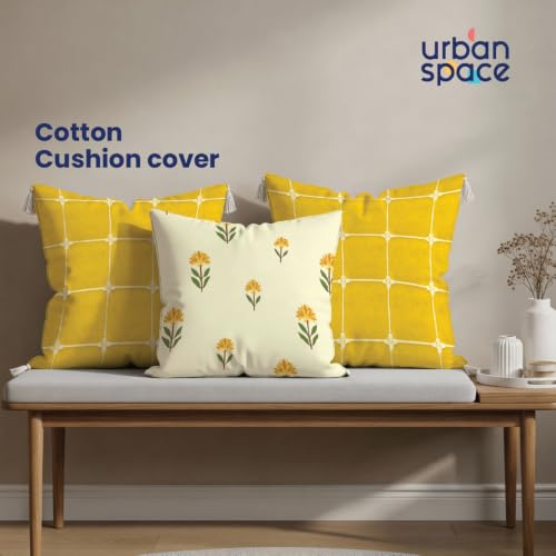 Image of Urban Space Decorative Cotton Cushion Cover Set of 3, 16 Inch X 16 Inch Cushion Covers for Sofa, Bedroom, Living Room (Aura Checks Yellow with White Tassel + Aster Yellow, 40Cm X 40Cm, Set of 3)