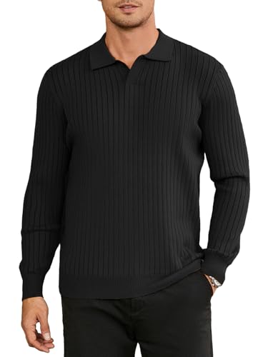 Hardaddy Men's Ribbed Knit Sweater Casual Long Sleeve Polo Sweater Collared V Neck Polo Shirts Solid Pullover Tops Black L
