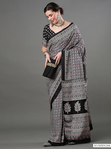 Image of SAREE MALL Women's Ajrak Block Print Dola Silk Saree With Unstitched Blouse Piece