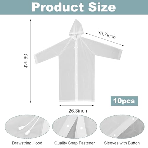 10 Pcs Rain Ponchos for Adults Reusable Adult Portable Raincoat EVA Rain Coats for Women Men Waterproof Rain Jacket Raincoats with Drawstring Hood Sleeves2
