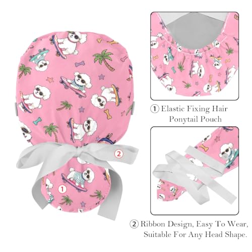 Image of 2 PCS Bouffant Cap with Button Ponytail Pouch Working Cap Sweatband Adjustable Surgical Cap Black and White Cow