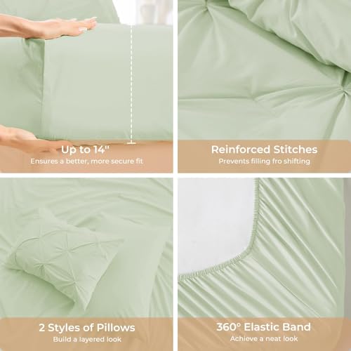 Image of Sasttie Queen Comforter Set, 7-Piece Bed in a Bag, Pintuck Bedding Sets for All Season, Includes Comforter, Flat Sheet, Fitted Sheet, Pillowcases and Pillowshams, Mint