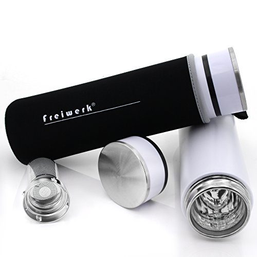Thermos de thé et de café freiwerk - Infuseur passoire avec double paroi en verre - Sans BPA - En néoprène - Noir 360ml Weiss