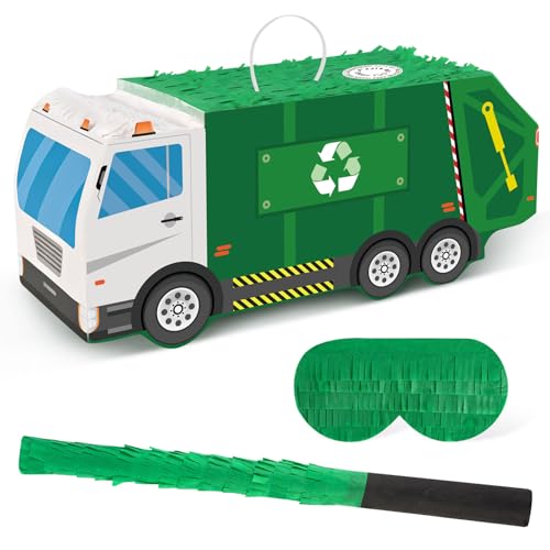 Hooqict Piñata de camión de basura con venda para los ojos y palo de murciélago, piñata de fiesta para camión de basura, decoraciones de cumpleaños, gestión de residuos, reciclaje, suministros de