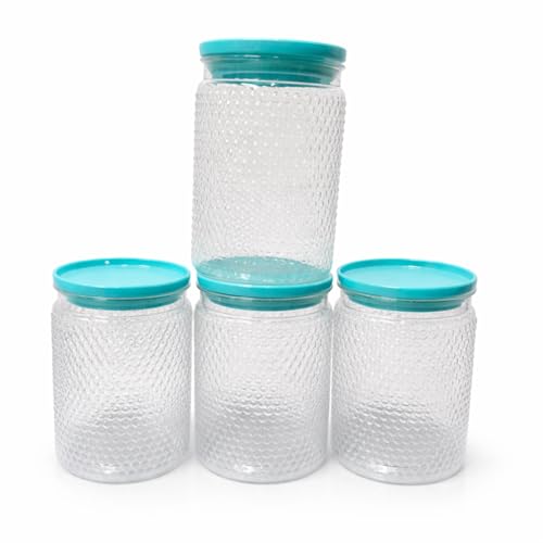 Image of Set of 4 Transparent Airtight Storage Jars with Textured Bubble Design & Leak-Proof Lids | Multi-Purpose Kitchen Containers for Dry Fruits, Snacks, Spices & Cereals
