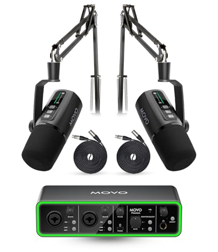 Movo Podcast Equipment Bundle - Phantom USB Audio Interface, 2 UM6 XLR/USB-C Dynamic Microphones, and 2 Boom Arms - Professional Dual Microphone Setup for Podcasting and Streaming