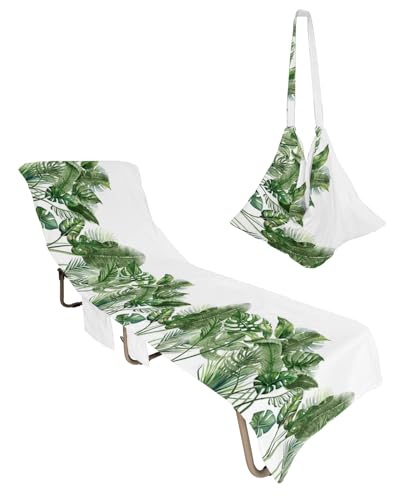 Green Palm Leaves Botanical Beach Lounge Chair Towel Cover, Soft Chaise Lounge Towel with Side Pockets Patio Pool Chairs Cover for Beach/Pool Sunbathing 29x85 Summer Tropical Plants