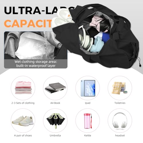 Image of PALAY Gym Duffle Bag with Shoe Compartment for Women, Lightweight, Black | Waterproof Nylon Fabric, Adjustable Strap, Personal Carry-on Size, Fits Under-seat, for Travel, Hospital, Overnight
