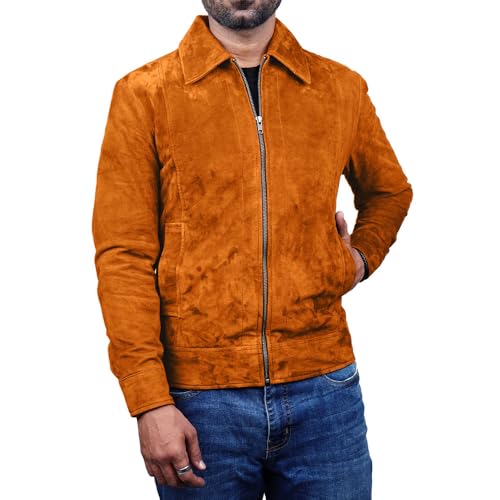 Image of Mens Polo Collar Zipper Suede Shirts Long Sleeve Shacket Suede Trucker Jacket Real Suede Leather Shirt