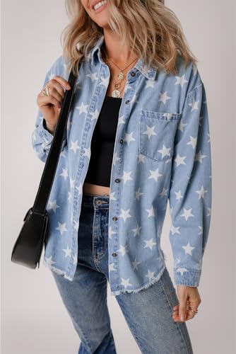 Ecosunny Womens Casual Long Sleeve Button Down Shirt Jacket Star Print Light Wash Raw Hem Denim Shacket Lightweight Tops4