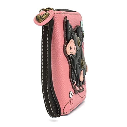 Image of CHALA Zip Around Wallet, Wristlet, 8 Credit Card Slots, Sturdy Pu Leather - Spotted Black Pig - Pink