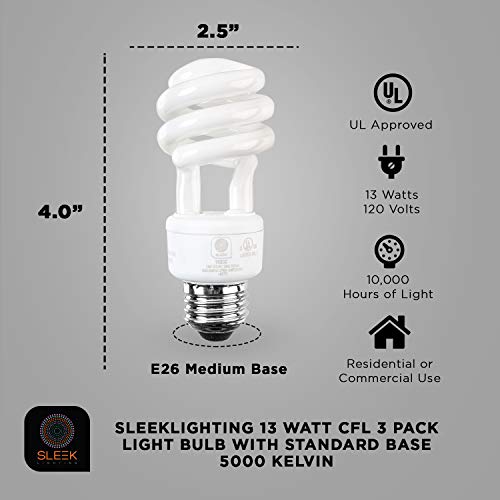 Sleeklighting E26 Standard Screw Base 13Watt Cfl Light Bulb - 3 Pack, 5000 Kelvin For Pure White Daylight And 800 Lumens (65 Watt Incandescent Light Bulb Equivalent) - Ul Listed #TOP1