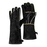 TXWLLIU Schweißhandschuhe Unisex, Aus hitze und Feuerfestem Leder für Stick Mig Flux Core Welder Forge Blacksmith Kamin Holzofen Feuerstelle Grillofen, Schwarz
