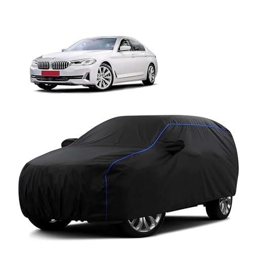 Image of Sulfar 100% Water Resistant Car Body Cover Compatible with Mirror for BMW 5 Series (Triple Stitched, Full Bottom Elastic, Black Tafetta with Blue Piping)