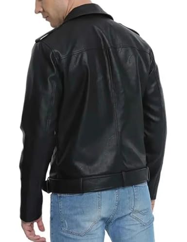 Mens Pu leather Leather Jacket Lapel Collar Motorcycle Zip Up Long Sleeve Motor Biker Short Coat Jacket with Belt2