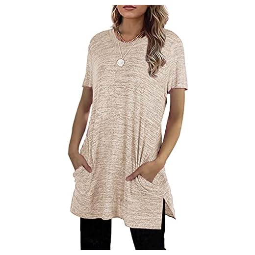 VEVESMUNDO Damer sommar t-shirt lång kortärmad rund krage långskjorta basic lös ledig skjorta blus toppar tunika med fickor